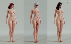 3d 3d_model 3girls black_hair cd_projekt_red choker ciri completely_nude female female_only freckles freckles_on_face light-skinned_female light_skin lushe3d mascara model navel_piercing necklace nude pubic_hair pussy red_hair scar tattoo the_witcher_(series) the_witcher_3:_wild_hunt triss_merigold white_hair wip yennefer