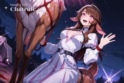 1girl absurdly_long_hair ai_assisted ai_generated anime_screencap blood_splatter brown_hair campsite close_up concert deer_ears deer_girl deer_tail detailed_background detailed_face dynamic_angle excited_expression firelight flaccid_penis frowning high_quality juliet_sleeves kneeling league_of_legends lights long_sidelocks long_sleeves looking_at_penis looking_up multicolored_skin natural_light night outside pink_eyes shadows sharp_focus solo solo_female taur upper_body waving waving_hand white_dress white_robe