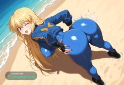 1990s 1girl ai_assisted ai_generated back_view beach big_breasts blonde_hair blue_bodysuit blue_eyes bodysuit bouncing_breasts building camel_toe cropped_jacket curvy detailed_eyes disheveled_hair dutch_angle dynamic_angle erect_nipples fingerless_gloves full_body gloves grabbing_butt happy hip_focus jacket looking_at_viewer looking_back looking_behind motion_lines open_mouth shiny_skin smile spanking_butt standing toned_body