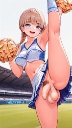 1girl ai_generated athletic athletic_female beautiful big_testicles blue_eyes bottomless braided_ponytail cheering cheerleader cheerleader_uniform dirty_blonde_hair flaccid football_field foreskin foreskin_folds freckles frilly_skirt futanari jamesfrank looking_at_viewer medium_breasts one_leg_up phimosis pom_poms pubic_hair small_penis smile standing_split striped_socks tall_socks teeth thin_female