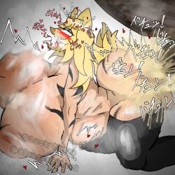 belly_bulge blonde_hair blue_eyes blushing cum_inflation excessive_cum eyes_rolling_back horse_penis horsecock japanese_text lustykatze massive_ass massive_breasts moaning_in_pleasure original_character smegma_on_nose tanned_skin tattoo tongue_out wolf_girl
