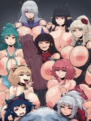 9girls areolae big_breasts black_hair blonde_hair cock_worship cowbell double_paizuri elf_ears equine equine_penis green_hair handjob horse_pov horsecock horu humanization hyper_penis kirin_(monster_hunter) looking_at_viewer male_pov monster_hunter nargacuga_(armor) odogaron_(armor) original_character paizuri pink_hair pov precum pubic_hair red_eyes reverse_gangbang shy smile tagme tongue_out white_hair white_pubic_hair wyverian