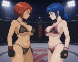 2026 2girls ai_generated artist_request before_fight big_breasts black_and_pink_bra black_and_pink_panties blue_hair facing_another facing_each_other fanart_from_twitter female_only female_protagonist fight fighting_ring fingerless_gloves lace-trimmed_bra lace-trimmed_panties lace_trim lights lingerie looking_at_another marinette_dupain-cheng miraculous_ladybug mma nipples_visible_through_clothing pale-skinned_female pale_skin people_in_background red_hair short_hair short_ponytail twitter_link unknown_artist w.i.t.c.h. western_cartoon will_vandom