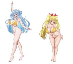 2girls absurd_res ass_length_hair barefoot bikini_top bikini_top_only blonde_hair blue_eyes blue_hair blue_nails blush bottomless breasts cleavage closed_mouth commission covered_nipples english_commentary eyelashes fake_animal_ears feet female female_only full_body glossy hair_between_eyes hair_ornament hair_ribbon highres hips hoosu large_breasts long_hair long_sidelocks mekami_shifty multiple_girls navel nikke no_background open_mouth open_mouth_smile original pointing posing pussy red_eyes red_hair_ribbon ribbon second-party_source sidelocks skindentation smile teeth thighs twintails two_side_up uncensored upper_teeth_only yellow_bikini_top