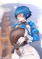 1boy 1girls 2d aestheticc-meme ahoge blue_hair blush blush_lines blushing boobs breasts busty clothed clothing female fully_clothed hair heart-shaped_pupils hi_res highres huge_breasts indie_virtual_youtuber light-skinned_female light_skin male oumiya_emma paizuri short_hair tagme tomboy unseen_male_face virtual_youtuber vtuber