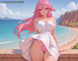 1girl 1girls ai_generated bangs bangs_over_eyes blush breasts camel_toe cameltoe cleavage clothed clothed_female curvy ears ears_down female female_focus female_only focus fox fox_girl fringe fully_clothed genshin_impact hair hair_ornament hoyoverse jewelry large_breasts long_hair mewmimi mihoyo nipples nipples_covered nipples_visible_through_clothing pink_hair purple_eyes pussy sfw solo solo_female solo_focus teeth tight_clothes tight_clothing uncensored very_long_hair yae_miko