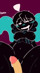 1girl black_hair bottomless dark_skin en1gma highres navel nebby nipples non-web_source penis pixel_art self-upload solo_focus tagme