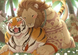 anal anthro blush duo felid giraffe_(artist) hair lam-chan lion male male/male mammal mane mane_hair markings muscular muscular_male pantherine public sex tiger tribal tribal_markings