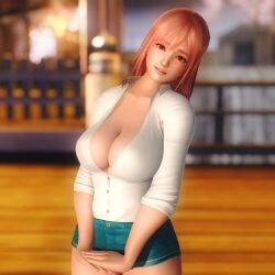 areola_slip areolae cleavage clothed dead_or_alive dead_or_alive_5 doahdm honoka_(doa) huge_breasts jean_shorts long_hair pink_hair shirt shirt_open