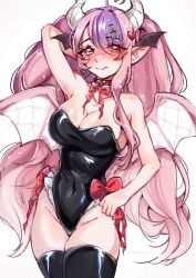 1girl 1girls absurdres ahoge bare_hips black_leotard black_thighhighs black_wings blush bow breasts bunnysuit choker cleavage closed_mouth demon_girl demon_horns demon_wings earrings hair_ornament head_wings heart heart_ahoge heart_earrings heart_hair_ornament heterochromia highleg highleg_leotard highres hips horns indie_virtual_youtuber ironmouse jewelry large_breasts latina leotard long_hair multicolored_hair pink_choker pink_hair pointy_ears purple_eyes purple_hair purple_streaks red_bow red_eyes solo streaked_hair thighhighs thighs tits virtual_youtuber vtuber white_background white_horns white_wings wings