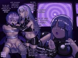 1boy 1girls android ass ball_gag balls ballsack bangs bare_shoulders bondage boner boob_squish chair clothed_female_nude_male drool english english_text erection fairy_(zenless_zone_zero) femdom genital_fluids genitals gloves hair_between_eyes hair_ornament handjob heterosexual hoyoverse hypnosis latex latex_clothing latex_gloves latex_handwear latex_shorts latex_thighhighs long_hair looking_at_viewer lube male_pov malesub microfabrics mihoyo mind_control multiple_views navel nipples penis pov precum purple_eyes restrained restrained_male screen spiral sweat tape testicles text thighhighs touching_penis white_hair wise_(zenless_zone_zero) zenless_zone_zero