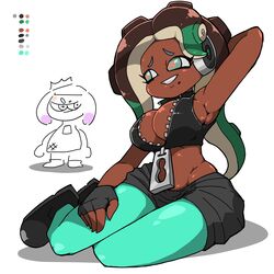 cleavage green_eyes inkling marina_(splatoon) nintendo octoling off_the_hook_(splatoon) omoitukan2 pearl_(splatoon) splatoon splatoon_2 tights