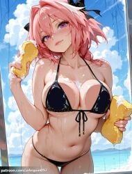 1girl against_glass ai_generated arlequin097 astolfo_(fate) bare_shoulders bikini black_bikini black_bow blue_sky blush bow braid breast_press breasts breasts_on_glass cleavage closed_mouth cloud collarbone condensation cowboy_shot day fate/grand_order fate_(series) front-tie_bikini_top front-tie_top genderswap genderswap_(mtf) hair_between_eyes hair_bow hair_intakes halterneck hand_on_glass head_tilt holding horizon large_breasts leaning_forward lips long_hair looking_at_viewer mountainous_horizon multicolored_hair navel o-ring o-ring_bikini o-ring_bottom ocean outdoors patreon_username pink_hair pink_lips purple_eyes skindentation sky smile soap soap_bubbles soap_censor solo sponge stomach streaked_hair string_bikini swimsuit thigh_gap thighs washing water wet wet_hair wet_swimsuit white_hair