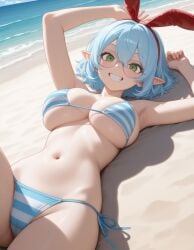 ai_generated bikini blue_hair blue_striped_bikini boobs breasts elf elf_ears elf_female elf_girl green_eyes indie_virtual_youtuber keisha_callie sexy striped_bikini tits vtuber
