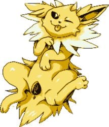 alpha_channel anatomically_correct animal_genitalia animal_pussy anus canine_pussy digital_media_(artwork) eeveelution female feral genitals jolteon looking_at_viewer nintendo pixel_art pokémon_(species) pokemon presenting pussy queenkami simple_background smile solo spread_legs spreading sprite_art tongue tongue_out transparent_background video_games