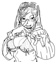 bawlboxer blush bow bra breasts exposed_breasts fang glasses greyscale headgear long_hair looking_at_viewer navel original original_character pointing pointing_at_viewer slim_waist smile sweater sweater_lift tagme underwear