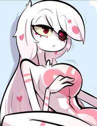 1girls angel_dust_(hazbin_hotel) arachnid arthropod ass bed bedroom big_ass big_breasts blush breasts cute demon demon_girl female female_angel_dust female_only fluffy genderswap genderswap_(mtf) hazbin_hotel laying_down long_hair looking_at_viewer naked nipples open_mouth red_eyes rule_63 spider straight_hair tongue usagi_star vivienne_medrano white_body white_fur