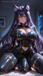 1futa 2026 ai_generated balls breasts bulge bulge_through_clothing cleavage cock dark_hair delta_(the_eminence_in_shadow) dyzertai futanari huge_balls huge_cock huge_penis huge_testicles indoors long_hair looking_at_viewer medium_breasts night penis purple_eyes self_upload solo testicles the_eminence_in_shadow tight_clothes wolf_ears wolf_tail