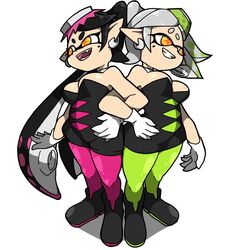 2girls black_hair breasts callie_(splatoon) dress full_body marie_(splatoon) nintendo omoitukan2 perky_breasts smooth_skin splatoon squid_sisters standing tentacle_hair tights white_hair yellow_eyes