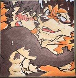 anthro barrel_(live_a_hero) blush canid canine canis dog_operator domestic_dog duo hi_res live-a-hero male male/male mammal nude protagonist_(live_a_hero) traditional_media_(artwork) wolf yukikazefactory