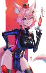 1girl 1girls animal_ears bare_hips big_breasts black_dress black_gloves black_thighhighs boutsoftheblind breasts crossed_bangs dress female fox_ears fox_girl fox_tail glasses gloves hair_between_eyes hair_ornament hat highres indie_virtual_youtuber large_breasts latex latex_dress looking_at_viewer meicha_(vtuber) nurse nurse_cap pelvic_curtain pink_hair purple_eyes sexy short_hair simple_background smile solo syringe tail thick thick_thighs thighhighs thighs tits virtual_youtuber vtuber