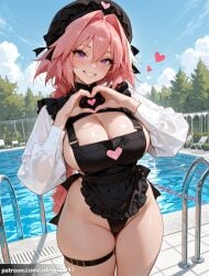 1girl ai_generated alternate_costume apron arlequin097 astolfo_(fate) black_apron black_headwear blue_sky blush bow braid braided_ponytail breasts cleavage cloud day fate/grand_order fate_(series) frilled_apron frills genderswap genderswap_(mtf) grin hair_between_eyes hair_intakes hat heart heart_hands highleg large_breasts long_hair long_sleeves looking_at_viewer outdoors pink_hair pool pool_ladder poolside puffy_long_sleeves puffy_sleeves purple_eyes see-through see-through_sleeves shrug_(clothing) sideboob skindentation sky smile solo thigh_strap thighs tree water
