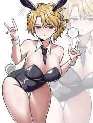 1girls annoyed big_breasts black_tie bloodfiend blush blushing blushing_female breasts bunny_ears bunny_tail bunnysuit don_quixote_(limbus_company) embarrassed embarrassed_female fake_tail female limbus_company mitama_nyan project_moon red_eyes sancho_(limbus_company) thighs tie tie_between_breasts yellow_hair