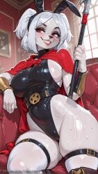 1girl ai_generated animal_ears ashe_(overwatch) belt black_leotard blush breasts cape couch decurse furry furry_female holding large_breasts leotard lipstick makeup overwatch overwatch_2 rabbit_ears red_cape red_eyes red_lips short_hair sitting skindentation smile solo sweat thick_thighs thigh_strap thighhighs thighs weapon white_hair white_thighhighs