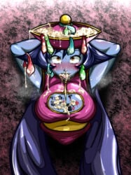 1girls after_oral after_sex armpit_showing arms_behind_back big_breasts body_writing boob_window capcom corruption cum cum_in_mouth cum_on_breasts cumdump darkstalkers facing_viewer hsien_ko japanese_text jiangshi jiangshi_costume lei_lei oppaotintin stuck_in_wall sweat textless tounge_out