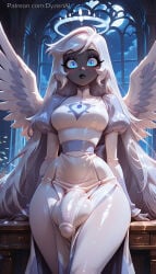 1futa 2026 ai_generated angel angel_wings balls black_lips blush blushing breasts bulge bulge_through_clothing cock dress dyzertai emily_(hazbin_hotel) futanari grey_skin hazbin_hotel huge_balls huge_cock huge_penis huge_testicles indoors long_hair looking_at_viewer night penis self_upload solo testicles white_hair wings