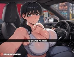 1boy 1girl ai_generated alternate_breast_size armpits bare_shoulders black_eyes black_hair blonde_hair blush breasts car car_interior chainsaw_man cleavage closed_mouth collarbone crop_top denji_(chainsaw_man) food holding huge_breasts large_breasts long_hair looking_at_viewer low_twintails majorthicc mitaka_asa motor_vehicle pants patreon_logo patreon_username ponytail selfie shirt sitting solo_focus steering_wheel sweat tank_top web_address white_shirt white_tank_top