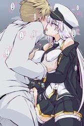 1boy 1girls azur_lane blonde_hair blush breast_massage commander_(azur_lane) enterprise_(azur_lane) erection erection_under_clothes female french_kiss grabbing groping handjob_over_clothes hat heart highres imagawa_akira kissing military military_hat military_uniform miniskirt necktie pleated_skirt purple_eyes saliva skirt steam straight sweat tongue uniform white_hair