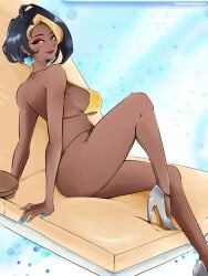 1girls alternate_costume barely_clothed bikini domina female_only flatpancakes high_heels highres large_breasts looking_at_viewer looking_back micro_bikini one_knee_up overwatch relaxing short_hair sideboob simple_background sitting solo swimsuit swimwear two-tone_hair vaira_singhania