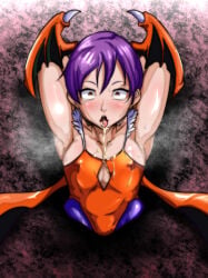 1girls after_oral after_sex ahe_gao armpit_showing arms_behind_back capcom cum cum_on_breasts darkstalkers facing_viewer lilith_aensland oppaotintin purple_hair small_breasts stuck_in_wall succubus sweat textless tounge_out wings wings_on_head