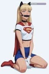 1_girl 1girl adult ai_assisted ai_generated blonde_hair blue_skirt cape collar crop_top dc_comics ear_piercing hairband hand_on_penis justice_league justice_league_unlimited leaning_back light_blue_eyes naked nude on_knees penis red_boots sexually_suggestive small_penis supergirl transgender view_from_behind white_background white_gloves white_shirt