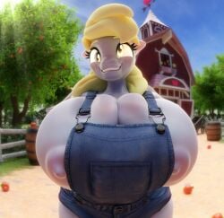 1girls 3d absurd_res alternate_version_available anthro anthrofied apron apron_only areolae bent_over big_breasts blonde_hair breasts breasts_bigger_than_head busty cleavage curvaceous curvy curvy_figure denim_clothing derpy_hooves digital_media_(artwork) earth_pony equid equine eyebrows eyelashes farm farmer female female_focus female_only friendship_is_magic glistening glistening_body gray_skin green_eyes hasbro headgear headwear hi_res hourglass_figure looking_at_viewer mammal motion_lines my_little_pony nip_slip nipples nipslip outside pink_nipples render rendered snuddy solo thick_thighs trees voluptuous voluptuous_female wardrobe_malfunction wide_hips