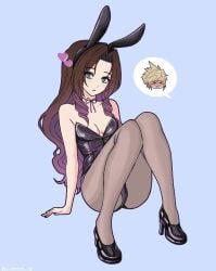 1girl aerith_gainsborough blush blushing_male bunny_ears bunny_girl bunnysuit cleavage cloud_strife female female_focus female_only final_fantasy final_fantasy_vii final_fantasy_vii_remake green_eyes high_heels leotard light_skin long_hair pantyhose