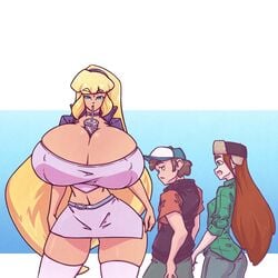 1boy 2girls alternate_breast_size angry big_ass big_breasts breasts breasts_bigger_than_head bubble_tea_challenge choker color dipper_pines disney disney_channel distracted_boyfriend female giantess gravity_falls huge_breasts jealous lolita_hairband looking_at_another looking_back meme n647 open_mouth pacifica_northwest short_skirt size_difference smooth_skin taller_female taller_girl voluptuous wendy_corduroy wide_hips