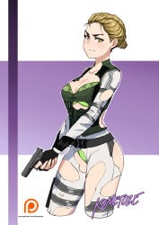 1girls big_breasts blonde_hair blush breasts cleavage female gun kometoze marvel solo torn_clothes yelena_belova