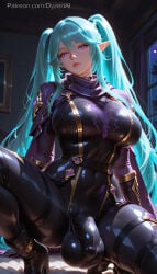 1futa 2026 ai_generated balls blue_hair breasts bulge bulge_through_clothing cock dyzertai elf_ears elf_futa epsilon_(the_eminence_in_shadow) futanari huge_balls huge_testicles indoors long_hair looking_at_viewer medium_breasts night penis purple_eyes self_upload testicles the_eminence_in_shadow tight_clothes twintails
