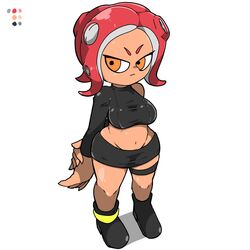 1girls agent_8_(splatoon) angry_eyes full_body nintendo octoling octoling_girl omoitukan2 orange_eyes red_hair skirt solo splatoon splatoon_2 standing tight_clothing tight_skirt tight_topwear