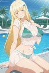 1girl ai_generated barefoot bikini bikini_under_clothes blonde_hair blue_sky blunt_bangs blush breasts christiana_leta_rosebreia closed_mouth collarbone day digitalwaifugallery green_bikini green_eyes hair_ornament hand_on_own_chest hi_res high_quality high_resolution large_breasts long_hair looking_at_viewer navel outdoors palm_tree patreon pool pool_ladder poolside seductive see-through see-through_shirt sexy shirt short_sleeves sitting skirt sky smile solo swimsuit thighs tied_shirt tree umbrella uncensored water watermark wet wet_clothes wet_shirt white_shirt