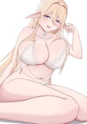 azur_lane bikini curvy elf elf_girl gigantic_breasts gouden_leeuw_(azur_lane) looking_at_viewer shy smile thick_thighs voluptuous wide_hips