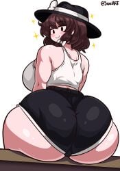 1girls 2026 ass ass_focus big_ass big_breasts black_shorts breasts brown_hair brunette clothed clothing dolphin_shorts female hat huge_ass large_breasts looking_back mob_face renko_usami seireiart shorts sitting smile solo thick_ass thick_thighs touhou usami_renko voluptuous