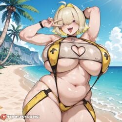 1girl ahoge ai_generated armpits beach belly bikini blonde_hair blue_sky blush breasts choker cleavage clothing_cutout cloud curvy day elegg_(nikke) goddess_of_victory:_nikke hair_intakes huge_breasts looking_at_viewer majorthicc multicolored_hair navel ocean open_mouth outdoors palm_tree patreon_logo patreon_username plump purple_eyes short_hair sky slingshot_swimsuit smile solo sweat swimsuit thick_thighs thighs tongue tongue_out tree two-tone_hair v yellow_bikini