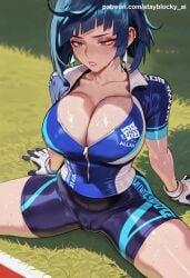 1girls ai_generated ai_video animated animation balecxi blue_eyes bouncing bouncing_breasts cleavage earrings gloves green_eyes jiggle jiggle_physics jiggling_breasts leaning_back on_ground patreon_username reflective_clothing shiny_skin sitting sportswear stay_blocky tagme video wet_body wobble yelan_(genshin_impact)