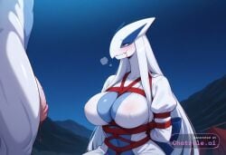 absurdly_long_hair ai_assisted ai_generated anime_screencap anthro blood_splatter blue_skin campsite close_up female firelight flaccid_penis frowning furry high_quality juliet_sleeves kneeling long_sidelocks long_sleeves looking_at_penis lugia night outside solo two_tone_skin upper_body white_dress white_robe white_skin