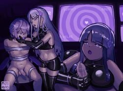 1boy 1girls android ass ball_gag balls ballsack bangs bare_shoulders bondage boner boob_squish chair clothed_female_nude_male drool erection fairy_(zenless_zone_zero) femdom genital_fluids genitals gloves hair_between_eyes hair_ornament handjob heterosexual hoyoverse hypnosis latex latex_clothing latex_gloves latex_handwear latex_shorts latex_thighhighs long_hair looking_at_viewer lube male_pov malesub microfabrics mihoyo mind_control multiple_views navel nipples penis pov precum purple_eyes restrained restrained_male screen spiral sweat tape testicles thighhighs touching_penis white_hair wise_(zenless_zone_zero) zenless_zone_zero