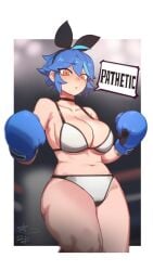 1girls big_breasts big_thighs bikini black_ribbon blue_boxing_gloves blue_gloves blue_hair boxing boxing_gloves boxing_ring breasts cleavage curvy dif_(difman) difmanm eyebrows_visible_through_hair female female_focus female_only gloves hair_between_eyes headband light-skinned_female light_skin looking_at_viewer orange_eyes pathetic ribbon short_hair solo solo_female solo_focus speech_bubble text_bubble thick thick_hips thick_thighs wide_hips