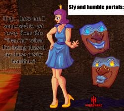 animate_inanimate artist_logo artist_name blue_dress clothed crown dialogue dress dungeon english_text female female_only first_porn_of_character first_porn_of_franchise golden_high_heels hand_on_hip high_heels horryhane knees_together_feet_apart light-skinned_female medium_breasts meme_reference nagging purple_eyes purple_hair royalty self_upload shoulder_length_hair side_view sideboob sly solo solo_female unpleasure_face
